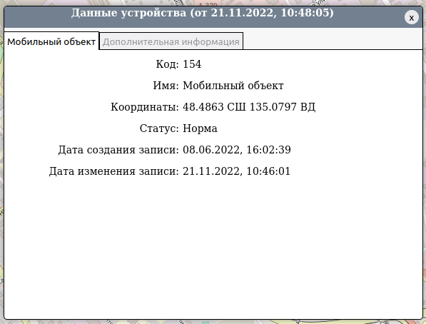 Окно информацией о мобильном объекте